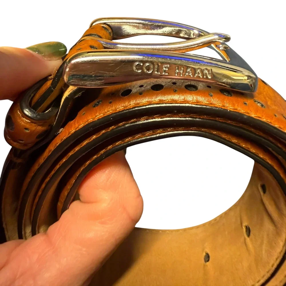 COLE HAAN Men's Brown Leather Belt 34 Silver Buckle Brogue
